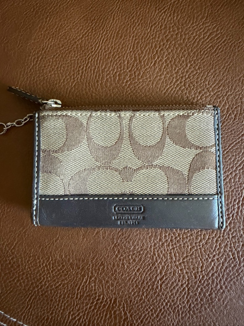 Coach Brown Signature Jacquard Zip Card Case with Leather Trim